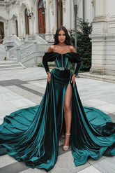 Green Velvet Formal Dress Mermaid Long Sleeve Christmas Party Dress with Slit